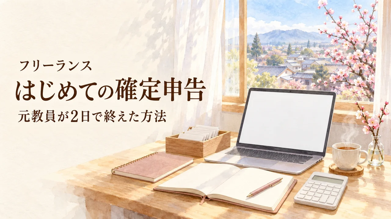 フリーランスはじめての確定申告｜元教員が2日で終えた方法。梅の見える窓辺の机にノートパソコンとレシートの箱と電卓