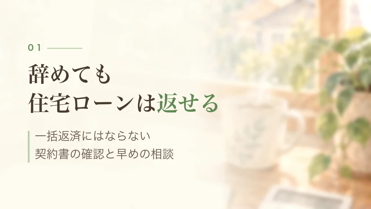 辞めても住宅ローンは返せる|一括返済にはならない。契約書の確認と早めの相談