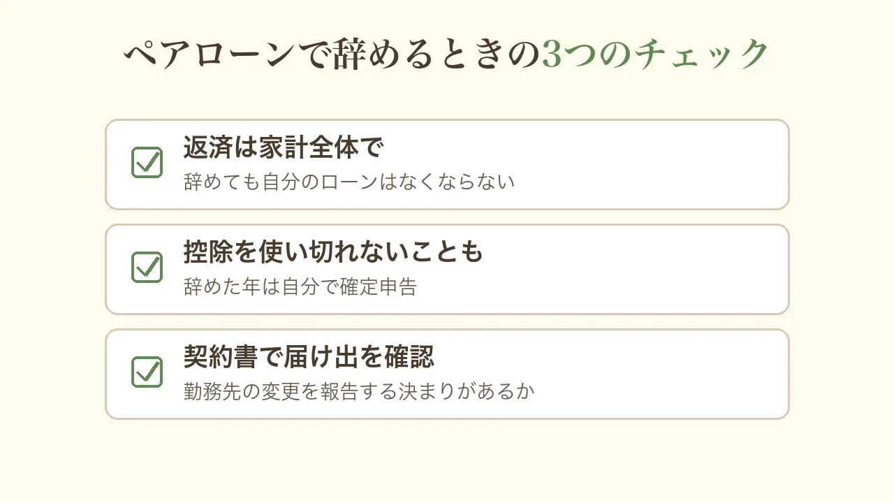 ペアローンで辞めるときの3つのチェックの図。返済は家計全体で(辞めても自分のローンはなくならない)、控除を使い切れないことも(辞めた年は自分で確定申告)、契約書で届け出を確認(勤務先の変更を報告する決まりがあるか)