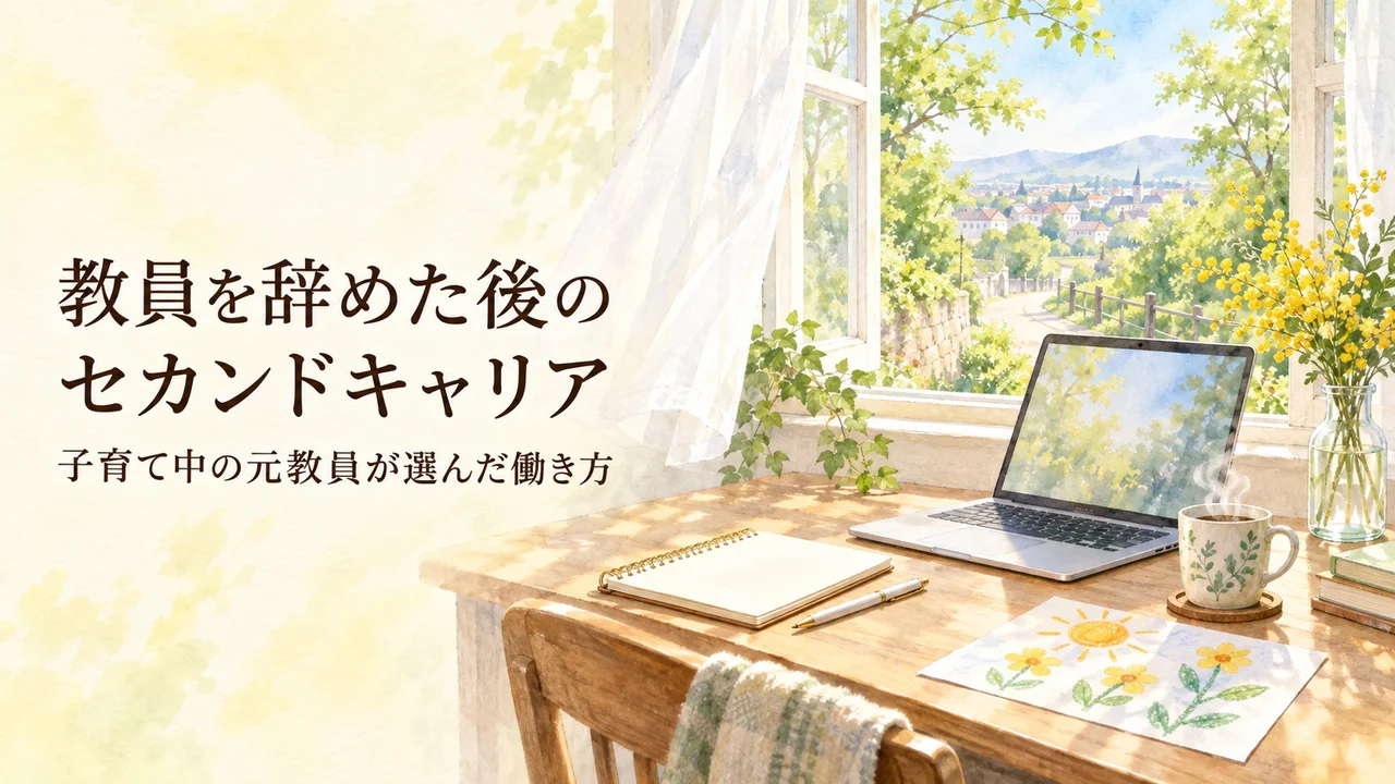 教員を辞めた後のセカンドキャリア｜子育て中の元教員が選んだ働き方。開いた窓と小道の見える机にノートパソコンと子どものクレヨンの絵