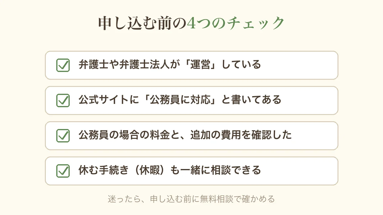 退職代行に申し込む前の4つのチェックの図。弁護士や弁護士法人が運営している、公式サイトに公務員に対応と書いてある、公務員の場合の料金と追加の費用を確認した、休む手続きも一緒に相談できる