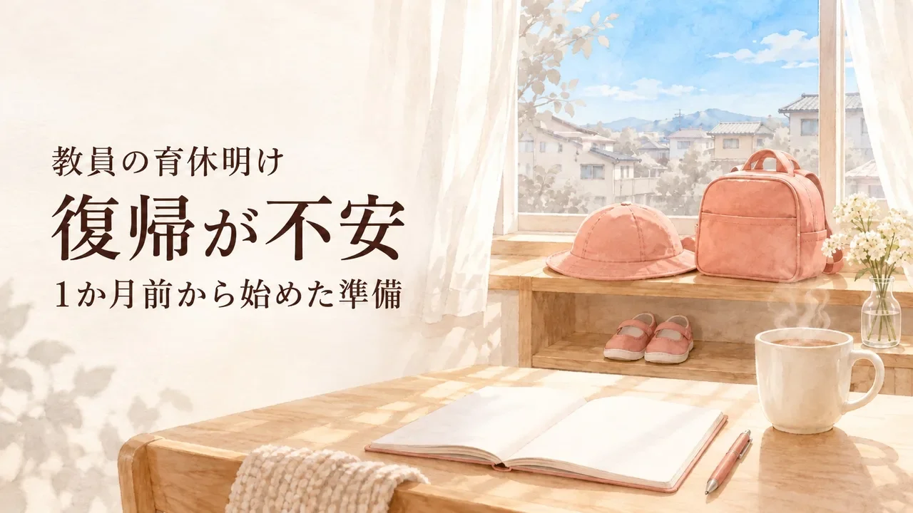 教員の育休明け復帰が不安｜1か月前から始めた準備。明るい朝の窓辺に園の帽子と通園バッグと小さな靴、机に開いた手帳とマグカップ