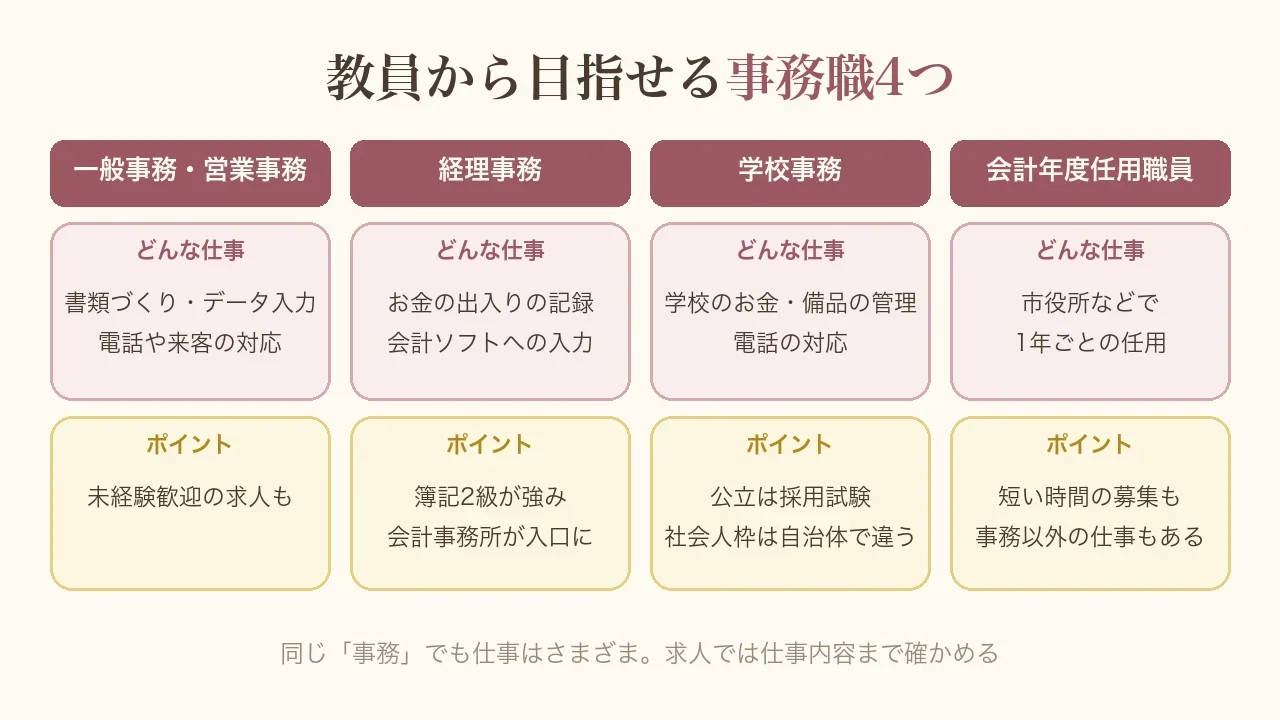教員から目指せる事務職4つの図。一般事務・営業事務は書類づくりやデータ入力で未経験歓迎の求人も、経理事務はお金の出入りの記録で簿記2級が強み、学校事務は学校のお金や備品の管理で公立は採用試験、会計年度任用職員は市役所などで1年ごとの任用で事務以外の仕事もある