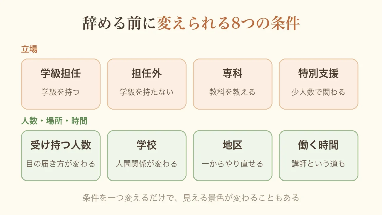 辞める前に変えられる8つの条件の図。立場は学級担任・担任外・専科・特別支援。人数・場所・時間は受け持つ人数・学校・地区・働く時間