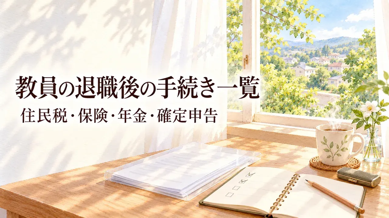 教員の退職後の手続き一覧｜住民税・保険・年金・確定申告。初夏の光が差す窓辺の机に、書類をそろえたクリアファイルとチェック欄のある手帳、えんぴつ、印鑑ケース、マグカップ