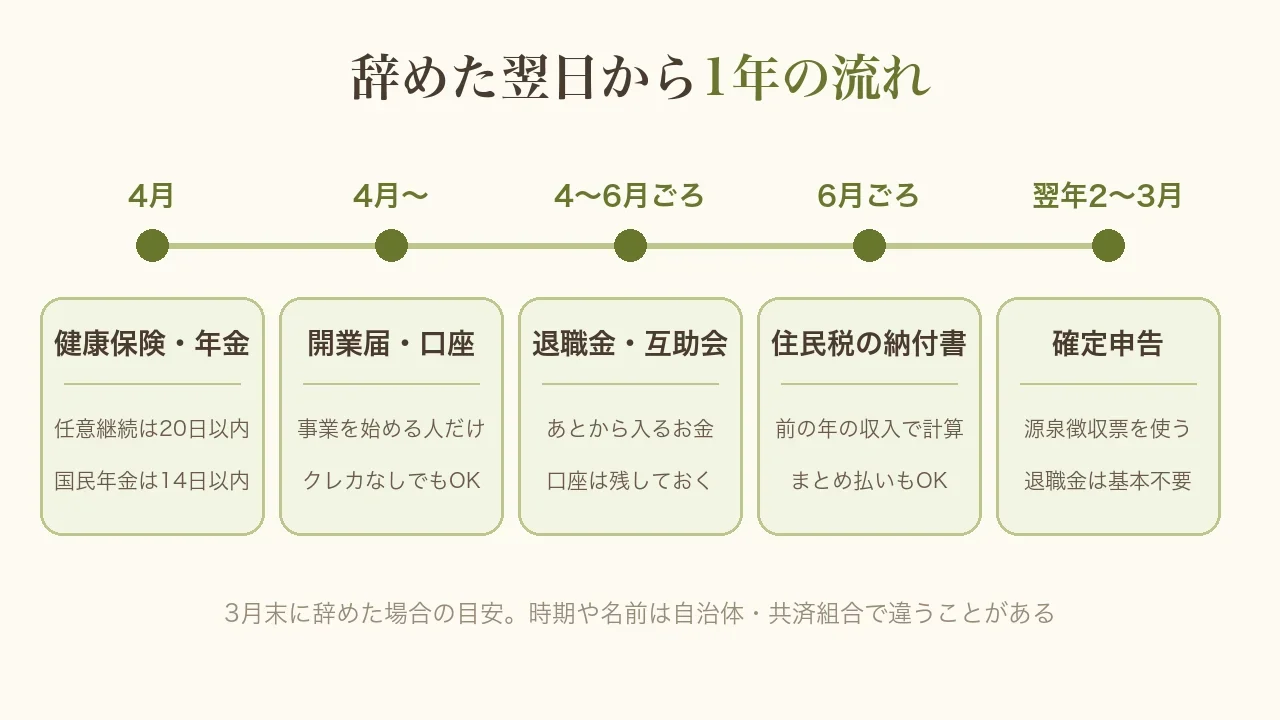 教員を辞めた翌日から1年の流れの図。4月は健康保険と年金(任意継続は20日以内・国民年金は14日以内)、4月から開業届と口座、4〜6月ごろ退職金と互助会の入金、6月ごろ住民税の納付書、翌年2〜3月に確定申告