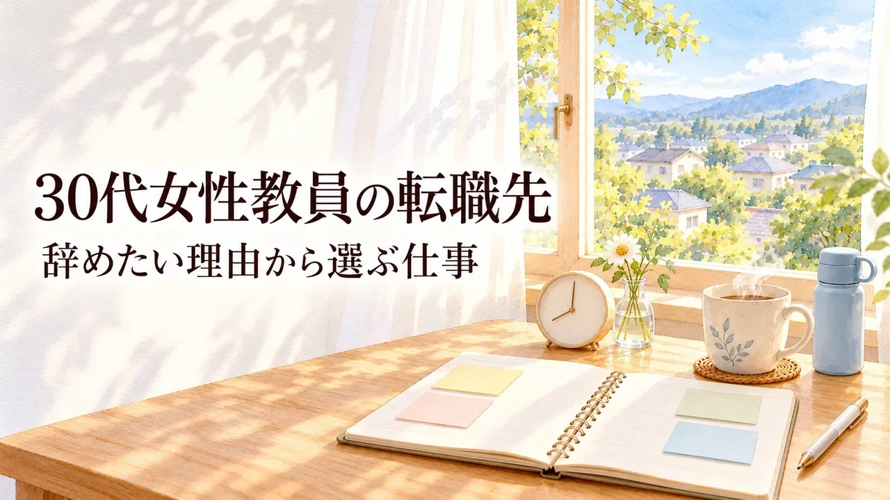 30代女性教員の転職先｜辞めたい理由から選ぶ仕事。朝の光が差す窓辺の机に、左右に分けて付箋を貼ったノートと針だけの置き時計、子どもの水筒、マグカップ