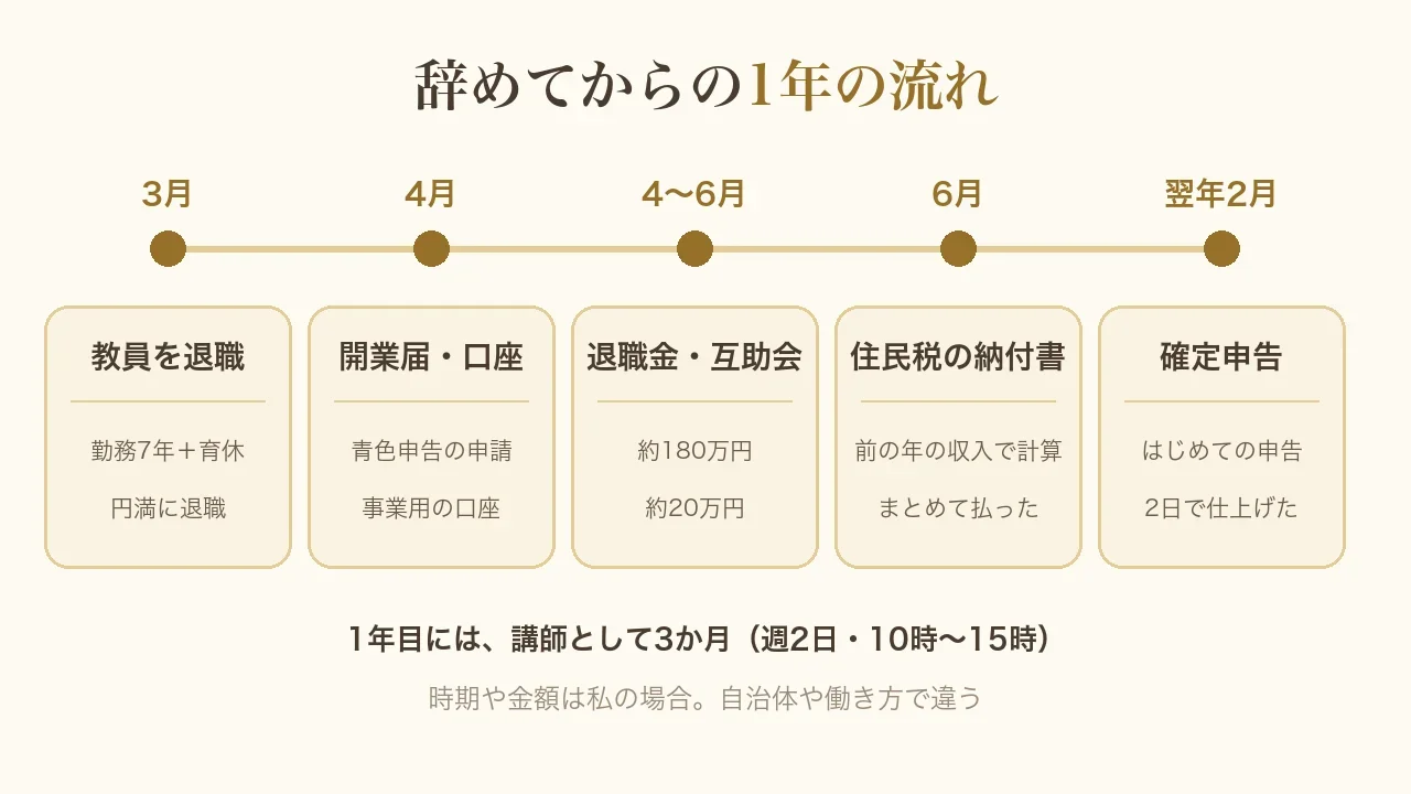 教員を辞めてからの1年の流れの図。3月に退職、4月に開業届と事業用の口座、4〜6月に退職金約180万円と互助会約20万円、6月に住民税の納付書、翌年2月に確定申告を2日で。1年目には講師として3か月