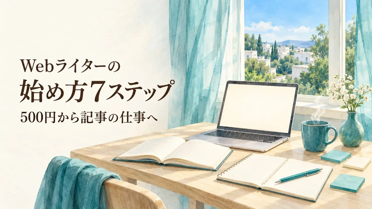 Webライターの始め方7ステップ｜500円から記事の仕事へ。ティール色のカーテンの窓辺の机にノートパソコンと開いた本とノート